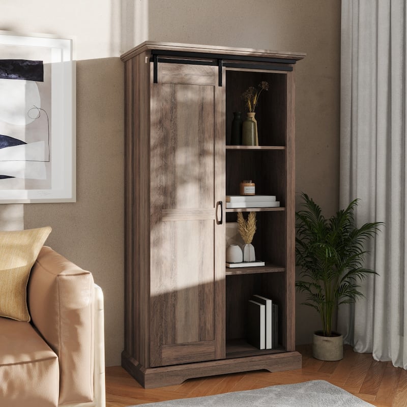 Farmhouse Storage Cabinet with Adjustable Shelves and Sliding Barn Door - 16.75"D x 36.25"W x 68"H - Graywash