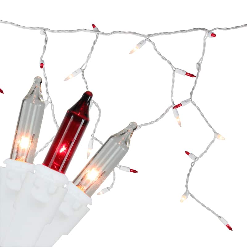 50 Red and Clear Mini Icicle Christmas Lights - 2.5 ft White Wire. - 2.5'