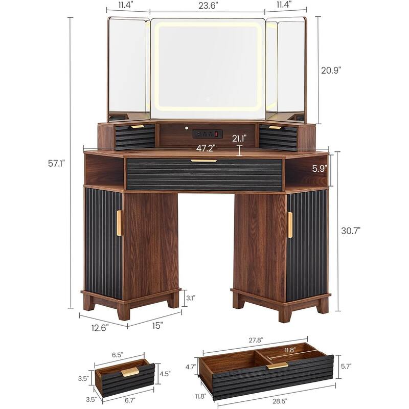 Corner Vanity Desk with Lighted Mirror Drawers Shelves Storage Stool