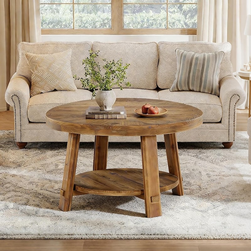 Solid Wood Round Coffee Table with Storage, 1.97'' Thickness Tabletop