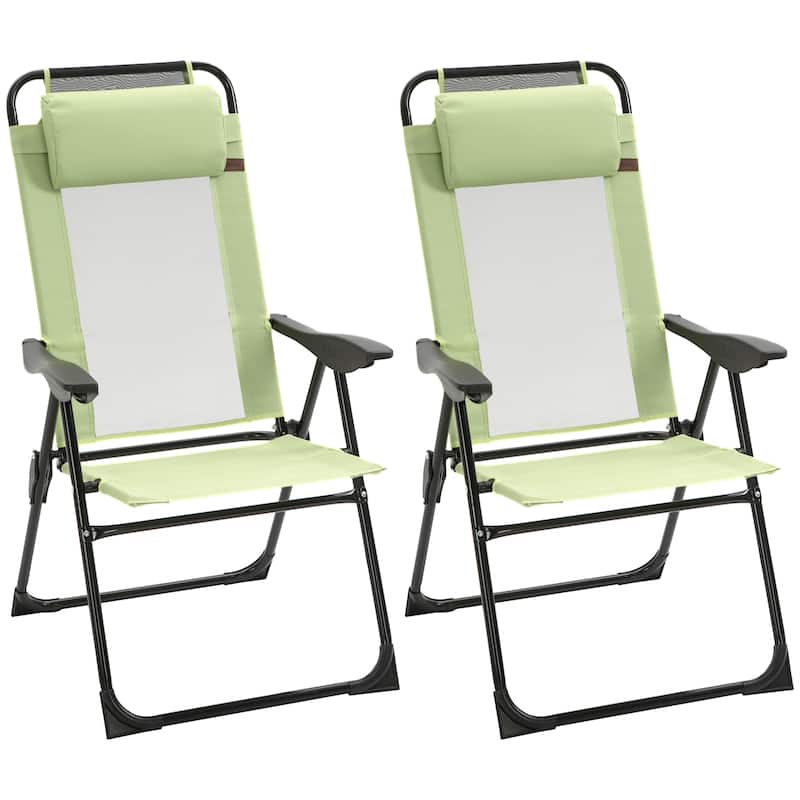 Outdoor Folding Patio Chairs Set of 2 with Adjustable Sling Back, Camping Chair with Removable Headrest for Beach, Garden - Green