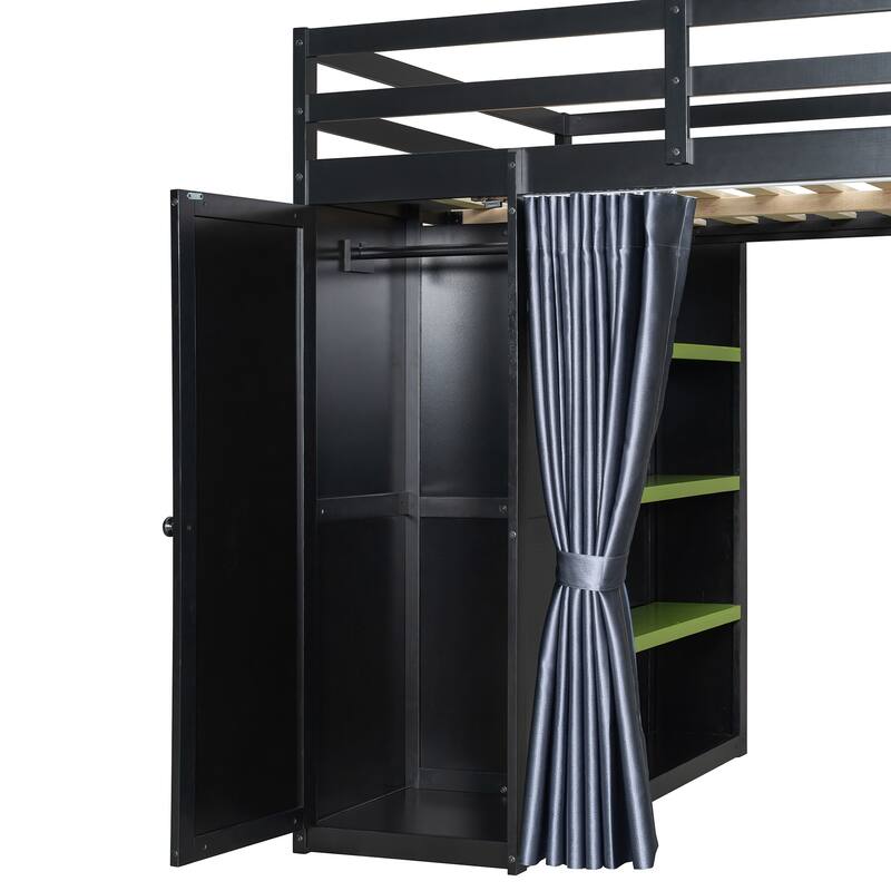 All-in-One Loft Bed Full Size Bedframe with Wardrobe, Shelves, Blackout Curtains, Pegboard, Charging Station and RGB Light Strip