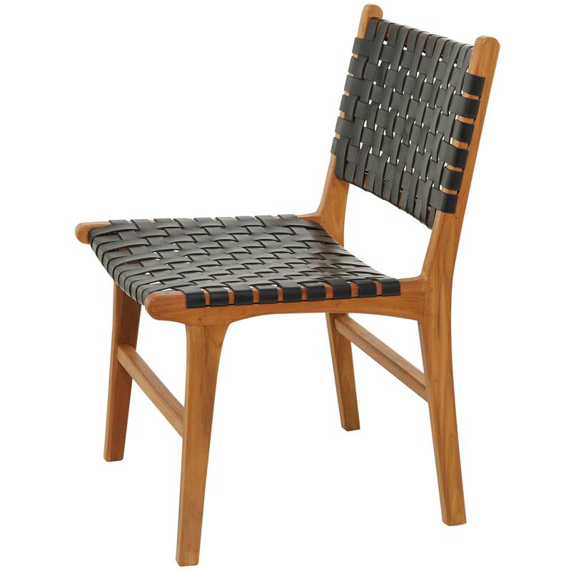Brown, Black, White Leather Handmade Woven Kitchen Dining Chair with Teak Wood Frame