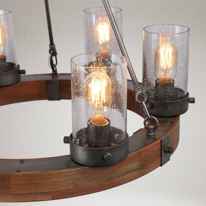 Carbon Loft Farmhouse 6-Light Wood Wheel Chandelier with Glass Shade for Dining Room
