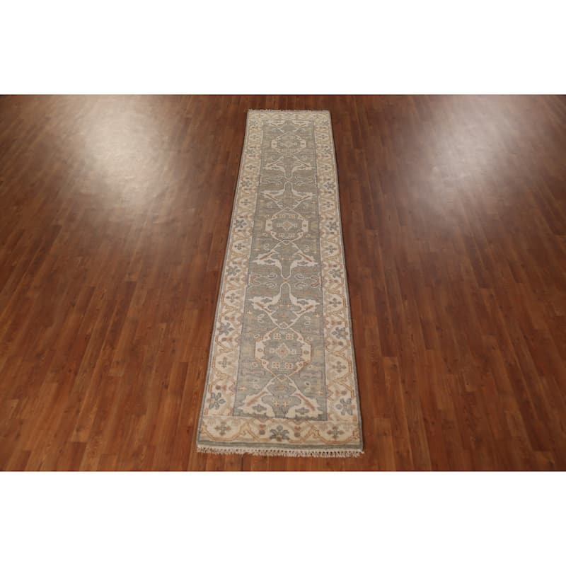 All-Over Oushak Indian Runner Rug Hand-Knotted Wool Carpet - 2'7"x 10'0"