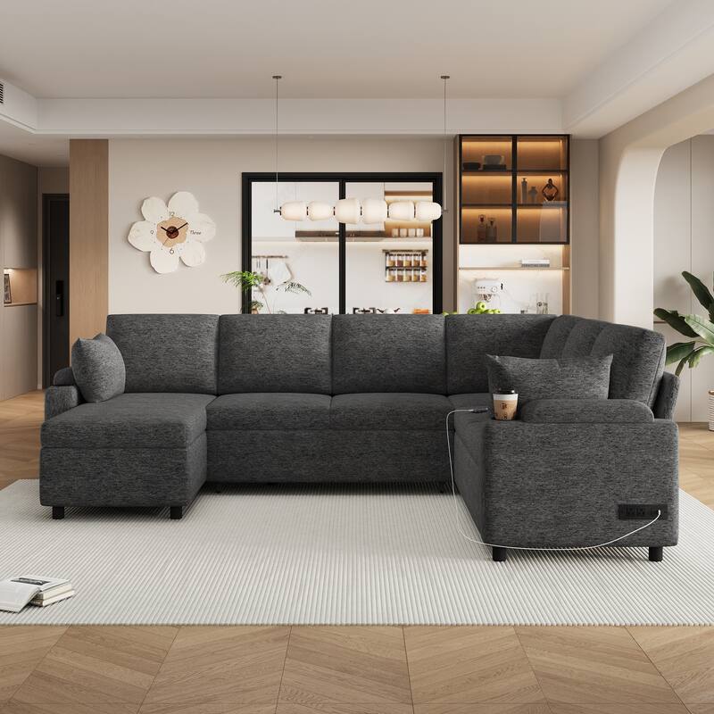 U-Shaped Chenille Sectional Sofa with Storage Chaise Lounge, Convertible Sleeper Sofa Bed with Cup Holders & Charging Ports