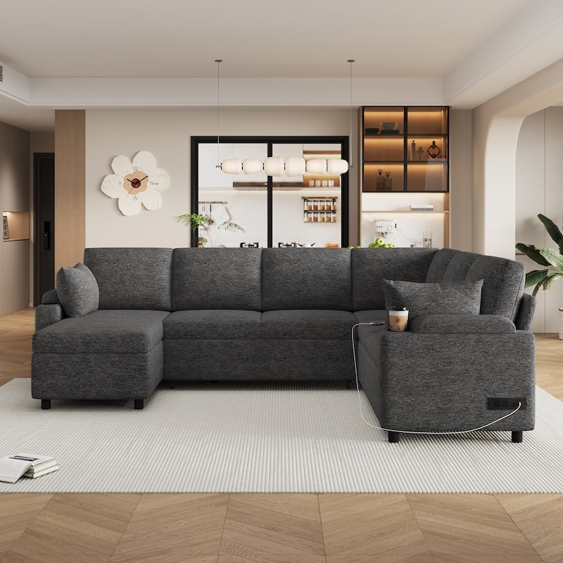 U-shaped Sofa, Chenille Sectional Sofa with 2 Cup Holders and Charging Ports Livingroom Sleeper Recliner Sofa Couch