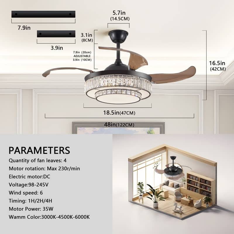 48" Modern Crystal Ceiling Fan With Retractable LED Light – 6-Speed Quiet DC Motor & Remote Control, Reversible 4-Blade Design.