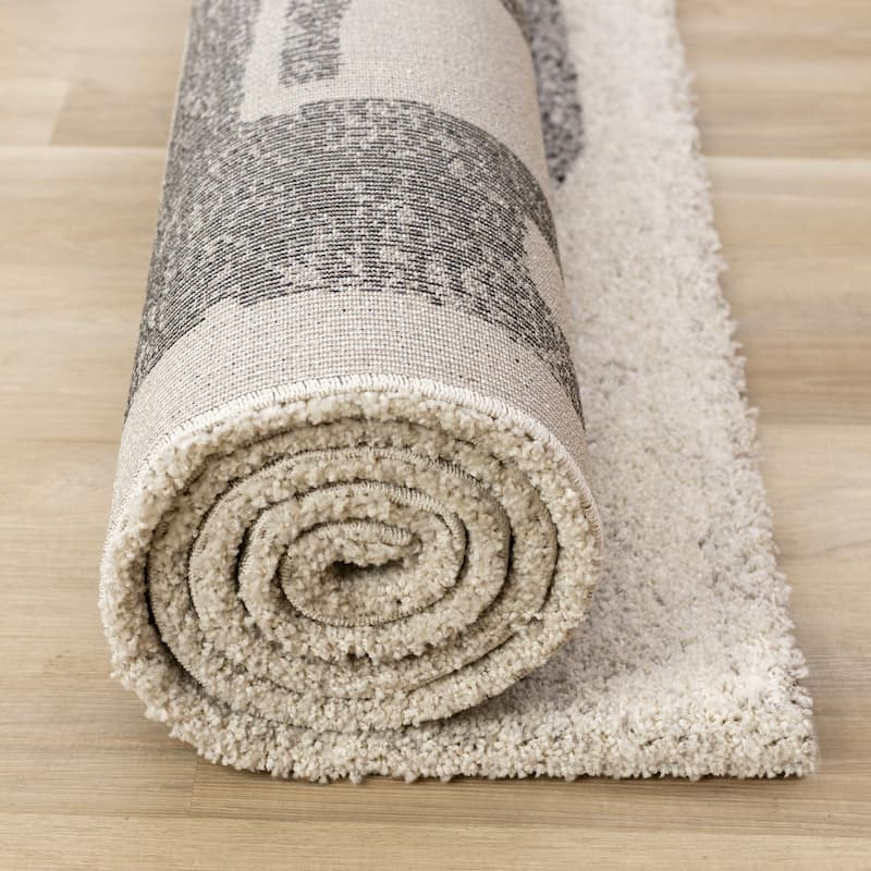 Maverick Collection - Distressed Lines White Black Plush Area Rug