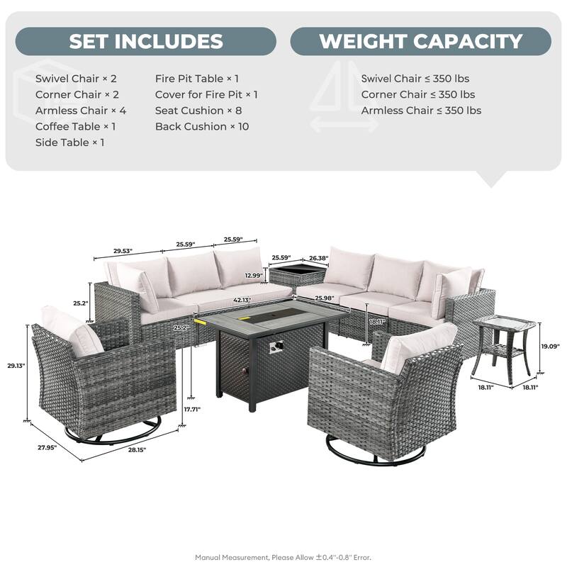 HOOOWOOO 11-piece Rattan Wicker Outdoor Furniture Set Swivel Chairs with Fire Pit