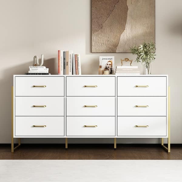 Elegant 9-Drawer Dresser with Gold Accents - Black Stripe Finish Chest - White