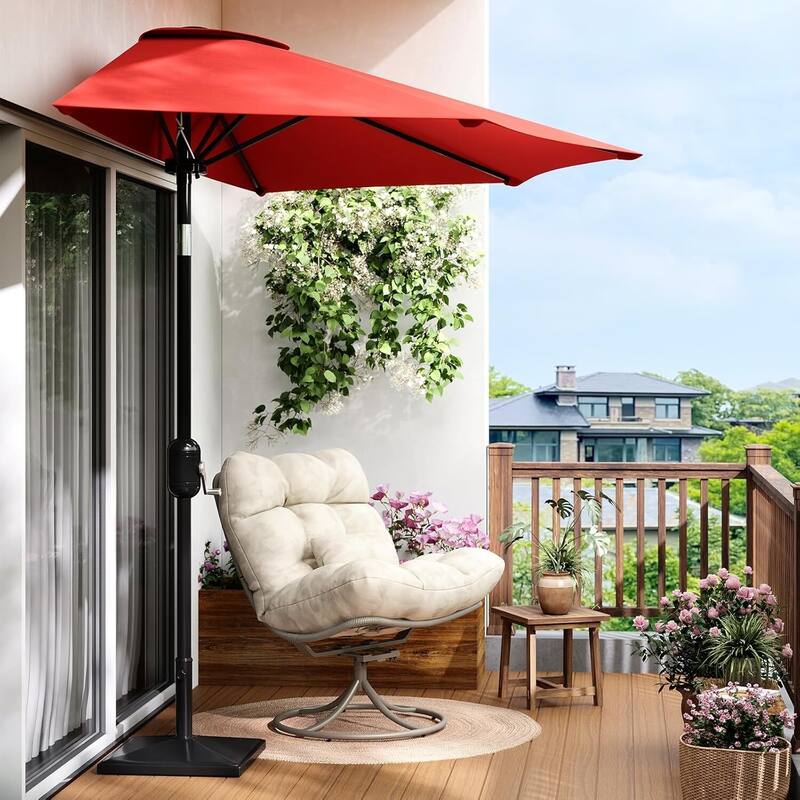 9FT Half Patio Umbrella with Smooth Crank Lift, Shade Canopy for Patio, Backyard, Garden (No Base) - Red