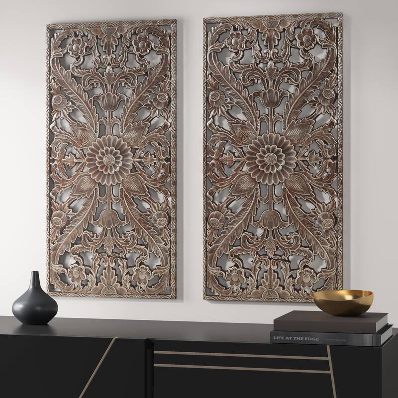 Madison Park Botanical Panel Distressed Carved Wood Wall Decor (Set of ...