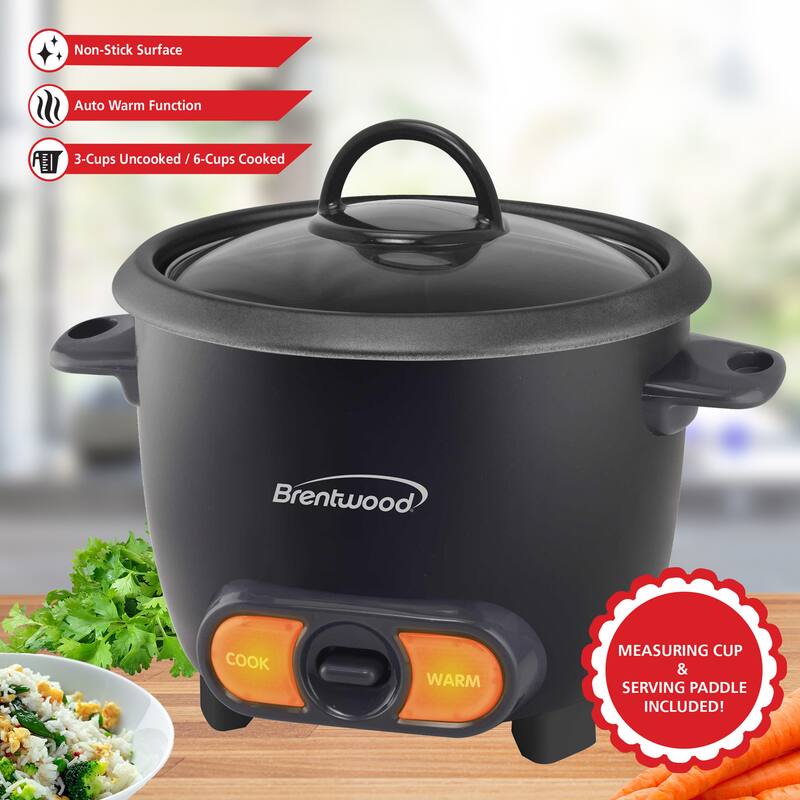 Brentwood 3 Cup Uncooked/6 Cup Cooked Non Stick Rice Cooker in Black - 3 Cups