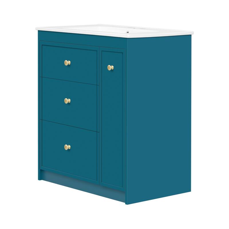 30" Blue Bathroom Vanity with Sink, 2 Soft-Close Drawers and Side Drawer, Freestanding Storage Cabinet with Gold Metal Knobs