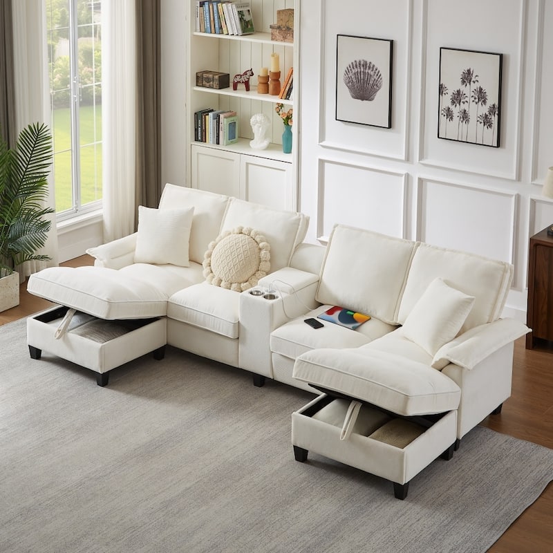 121.2" Modular Corduroy Sectional Sofa with Storage Console and Chaise Footrests