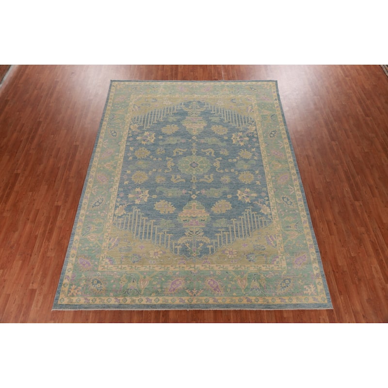 Hand Knotted Oriental 100% Wool Carpet Transitional Floral Navy Blue & Blues Oushak Area Rug - 11' 11'' X 8' 11''
