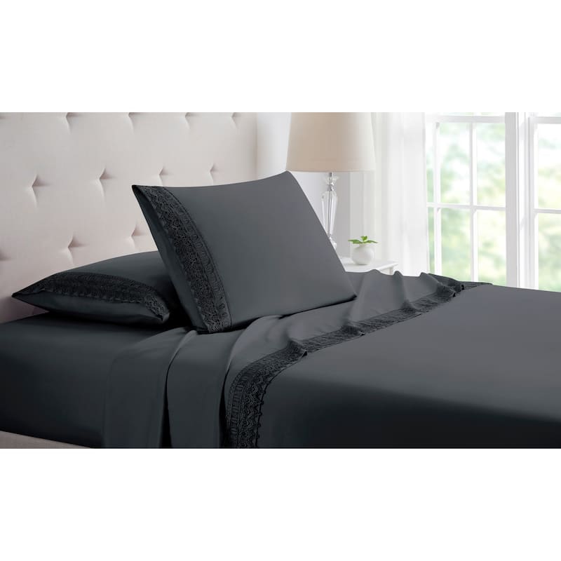 Bamboo Comfort Lace Crochet Embroidery 4 Piece Sheet Set - Full - Grey