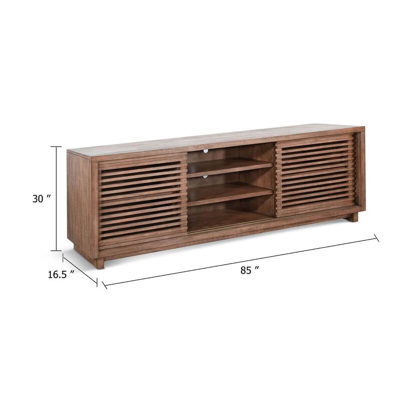 Jave TV Stand Media Cabinet, Slatted Doors, Shelves, Brown Wood, 85 Inch