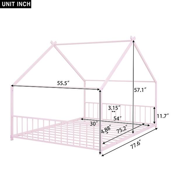 Pink Full Size Metal House Bed with Roof, Fence, and Back for Kids