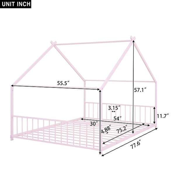 dimension image slide 5 of 6, Twin/Full Size Montessori Floor Bed for Kids, Metal House Bed Frame w/Fence & Roof, Kids Playhouse Bed, Metal Platform Bedframe