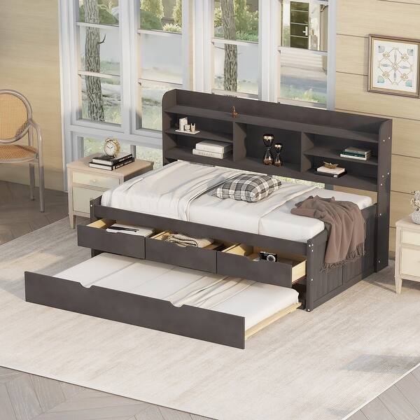 slide 2 of 13, Twin Size Wooden Captain Bed with Built-in Bookshelves, Trundle and 3-Storage Drawers, Space-Saving Design, Antique Grey