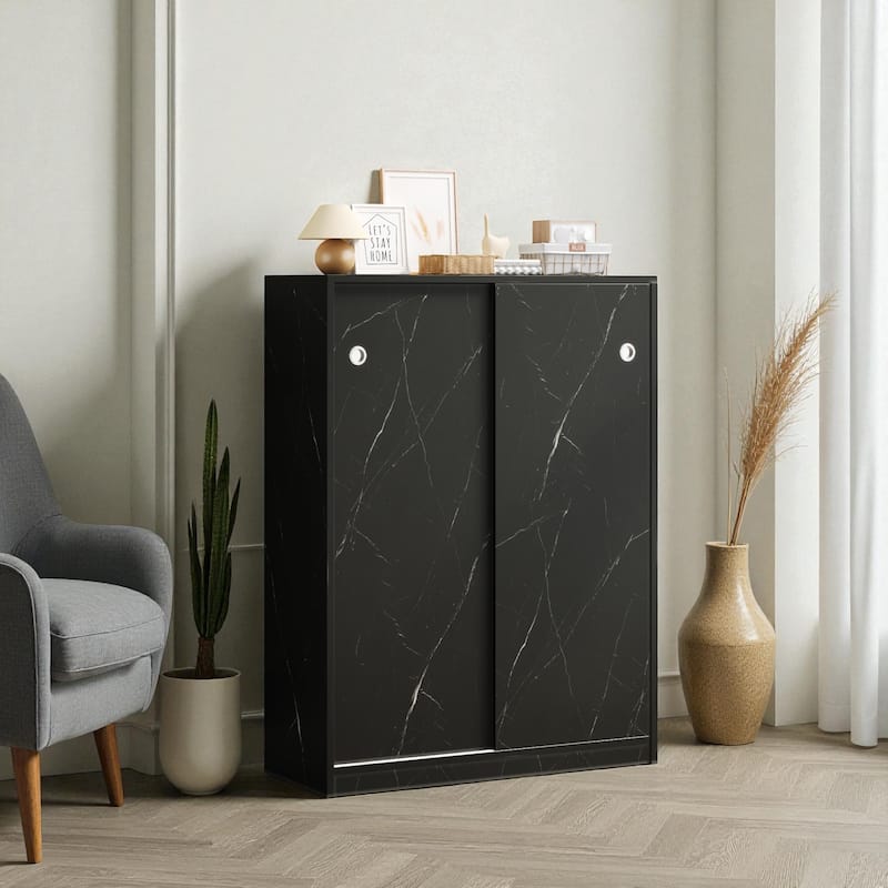 31.5" Marble Shoe Cabinet with Sliding Door, 6-Layer Large Capacity Freestanding Shoe Organizer for Entryway and Hallway