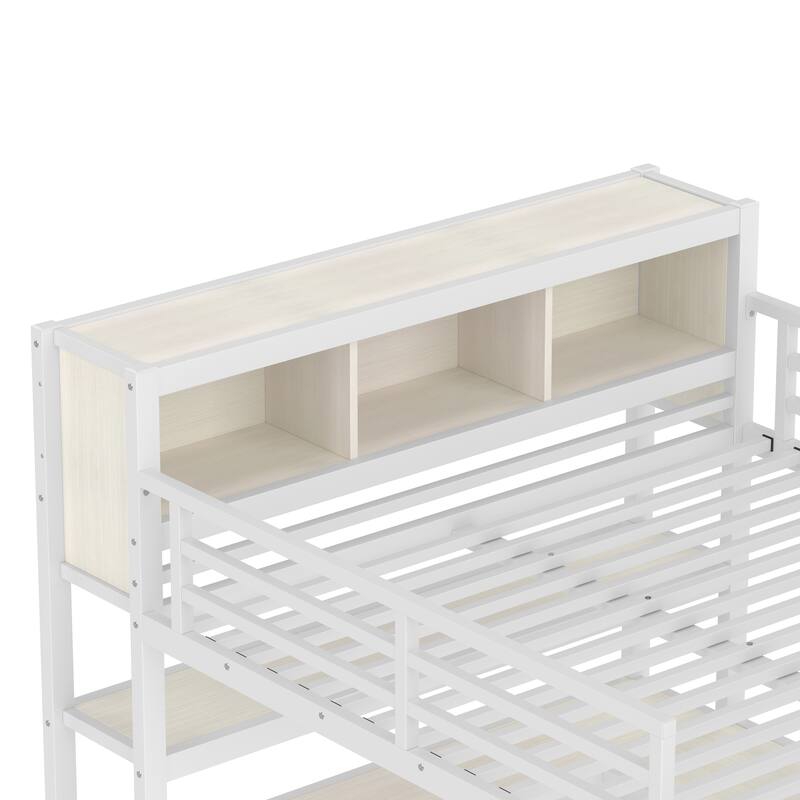 Queen Size Metal Loft Bed with Wardrobe, L-shaped Desk, and Storage, White Wood-grain
