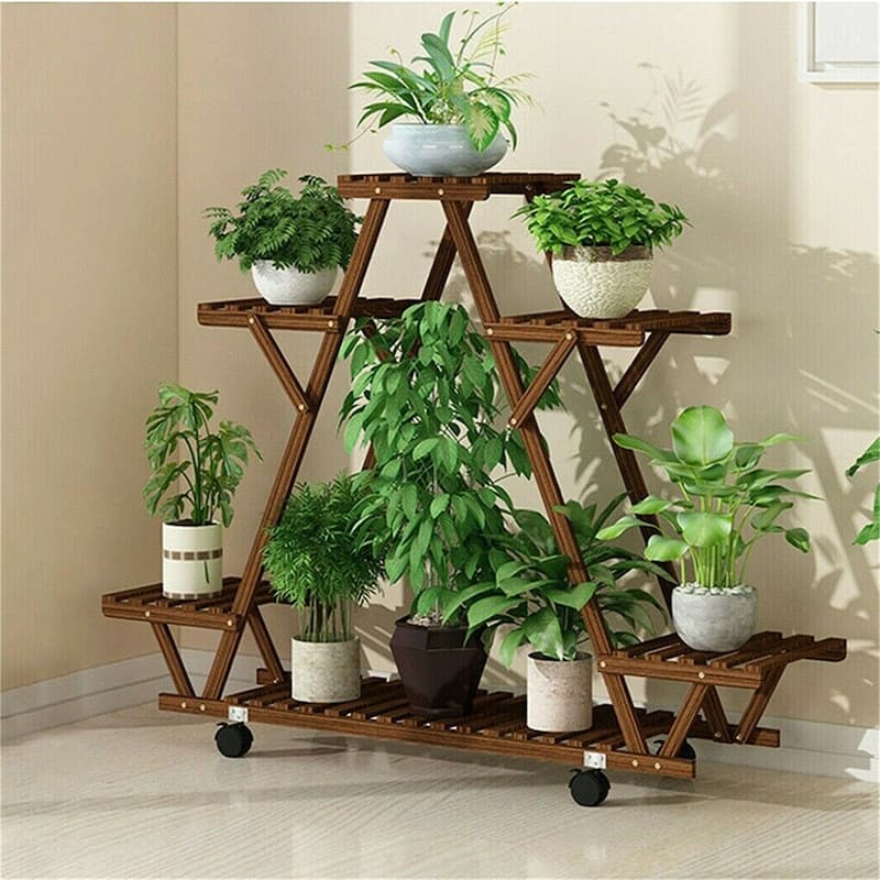 Movable Wood Flower Shelf Plant Display Stand Outdoor Indoor