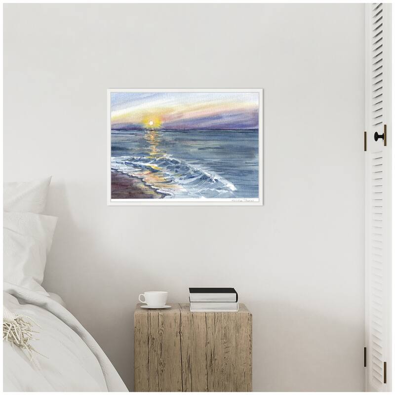 Kate and Laurel Sylvie Ocean Sunset with Purple Sky Framed Canvas by Patricia Shaw