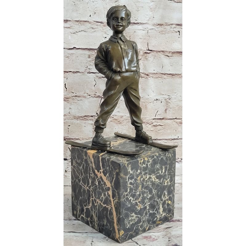 Little Boy On Skis Skiing Bronze Sculpture Statue Decor Art Figure On Marble Base