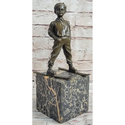 Little Boy On Skis Skiing Bronze Sculpture Statue Decor Art Figure On Marble Base