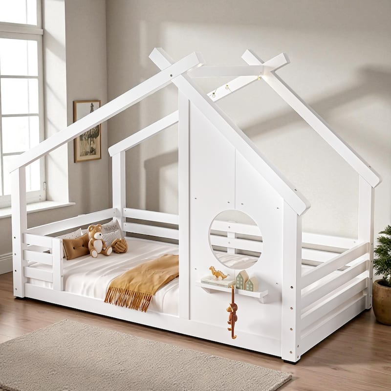 Twin/Full Size Solid Wood House Floor Bed with Window and Shelf, Montessori Low Bed Frame for Kids, No Box Spring Needed - White - Twin