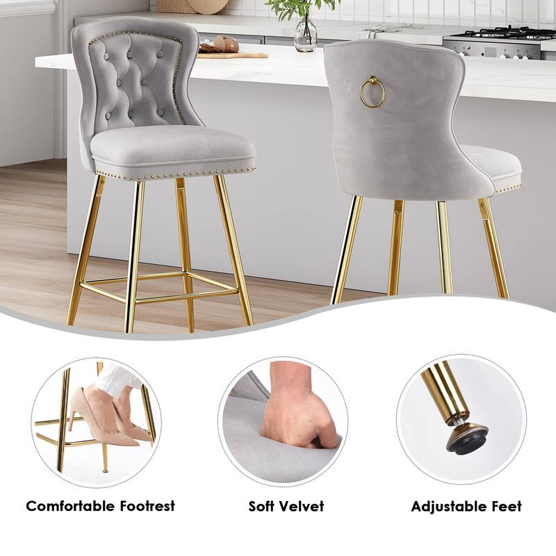 Bar Stools Set of 2, Velvet Counter Height Bar Stools with Metal Legs, Button Tufted and Nailheads Trim, Gray