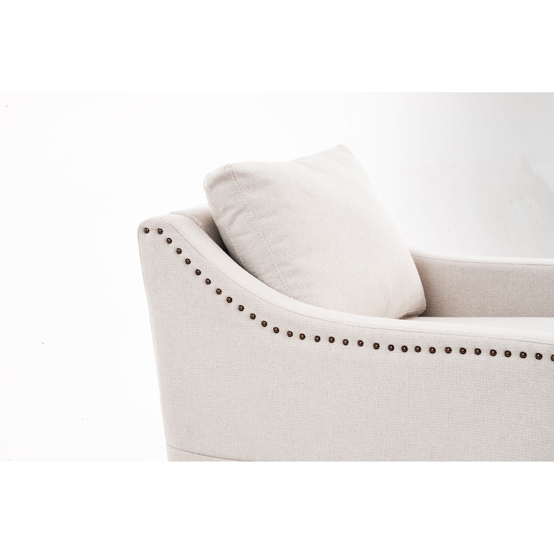 Linen Upholstered Swivel Accent Chair, Ergonomic Single Sofa Chair, Lounge Reading Chair with Nailhead Decor & Metal Base