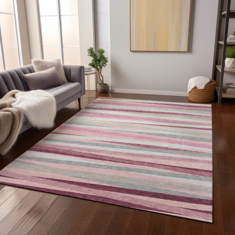 Machine Washable Indoor/ Outdoor Modern Stripes Chantille Rug