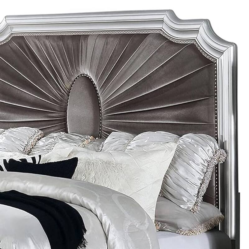 Xan Queen Bed, Silver Wood, Gray Pleated Velvet Upholstery