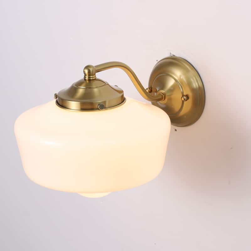 9.8 in. 1-Light Matte Black/Gold Dimmable Wall Sconce With White SchoolHouse Glass - Gold/White