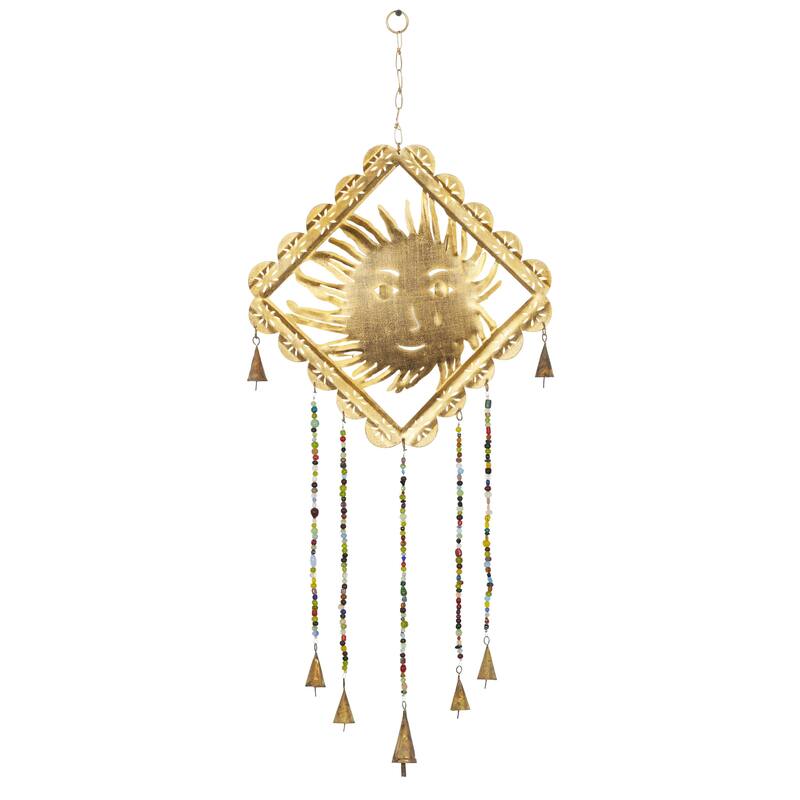 Metal Sun Windchime with Glass Beads and Cone Bells - Gold - Roche River Decor