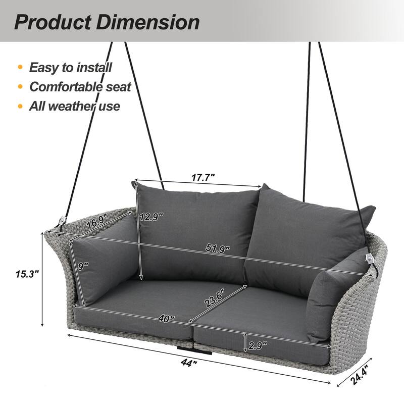 All-Weather Woven Swing Chair for Two, Outdoor Hanging Chair with Adjustable Ropes & Waterproof Cushions