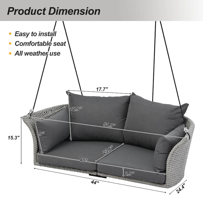 Wicker Hanging Swing Chair for 2 with Includes Cushion and Pillows,Adjustable Ropes-500lb Capacity