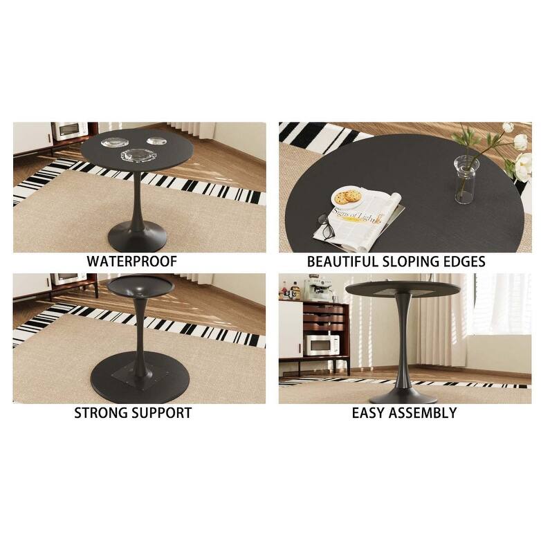 31.5 " MDF round dining table, tulip dining table, and 2 artificial leather decorative chairs with black metal legs