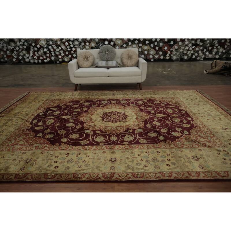 Hand Knotted Oriental 100% Wool Carpet Traditional Floral Red Agra Area Rug - 12' 0'' X 9' 1''