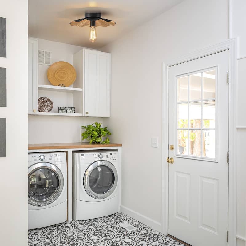 1-Light Farmhouse Black Gold Semi Flush Mount with Wave-edged Metal Shade - 13-in W x 3.5-in H