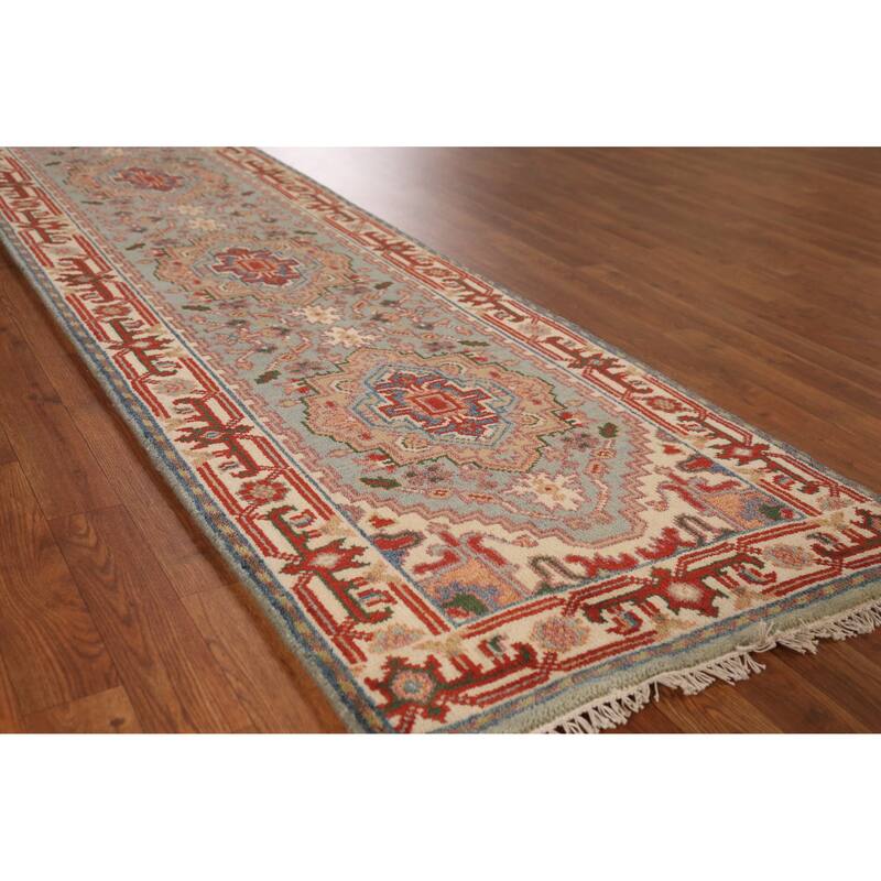 Geometric Heriz Serapi Indian Runner Rug Handmade Blue Wool Carpet - 2'7" x 10'5" - Blue - 2'7" x 10'5"