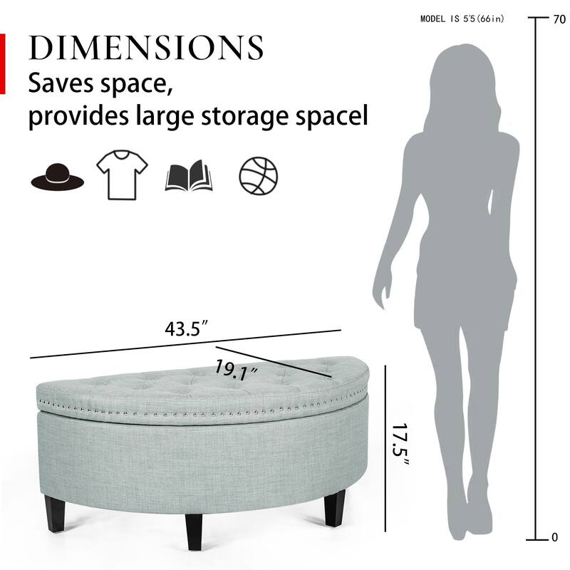 Adeco Half Moon Storage Ottoman Semi Circle Bench