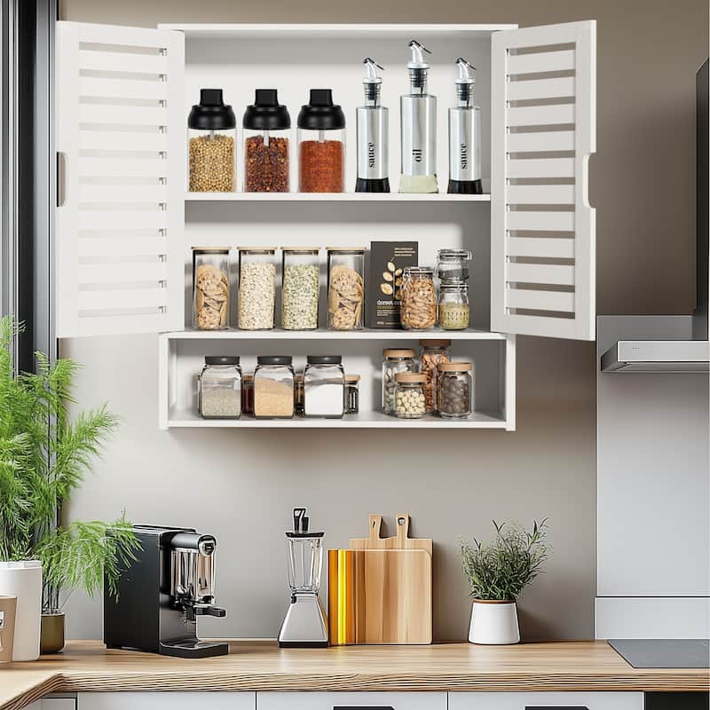 Double Door Wall Cabinet Bathroom Storage Shelf Bamboo