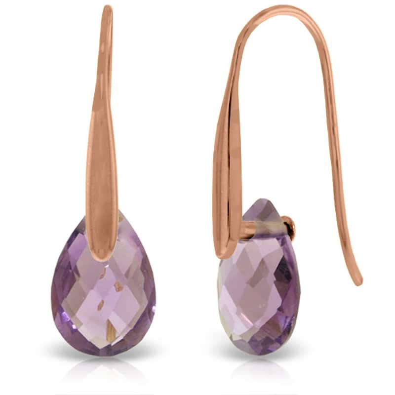 14K Solid Gold Fish Hook Earrings w/ Dangling Briolette Amethysts - Rose
