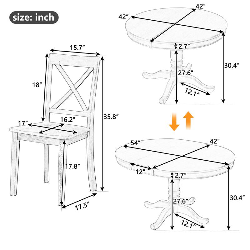 5 Piece Wood Dining Table Set, Kitchen Dining Table Set with Extendable Round Dining Table and 4 Chairs with Backrest