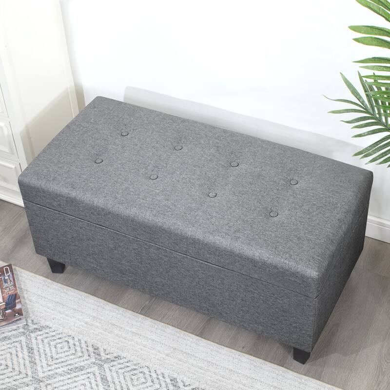 Adeco 40" Faux Leather Storage Ottoman Bench with Tufted Button - 40"X18.8"X16.5" - Grey-Linen